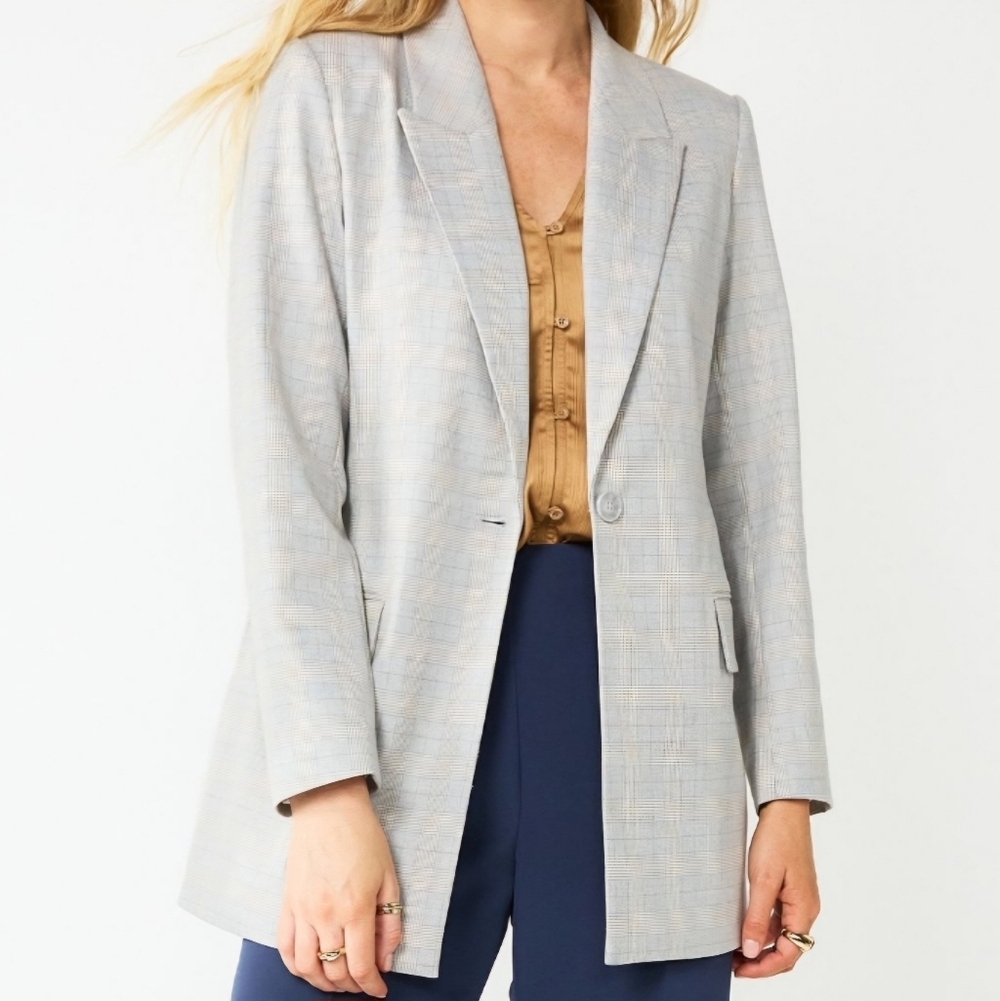 Nine West Light Grey Plaid Pattern Single-Button Longline Blazer